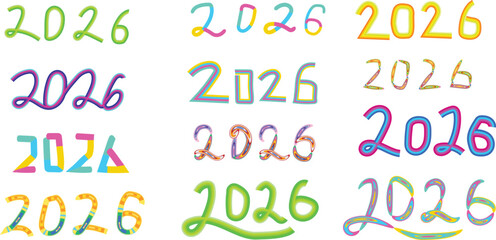 Vector. 2026 year. Various handwritten styles and colors. New Year celebration. Neon colors and handwritten combinations.