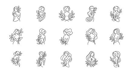 Elegant Line Art Floral Women Logo Design Set: A Collection of Vector Cartoon Illustrations Featuring Feminine Silhouettes Adorned with Botanical Elements, Perfect for Branding and Design Projects on
