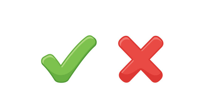 Vivid green check mark and red cross mark icons, presented as a vector cartoon illustration. This ordered set features a clear distinction between correct and incorrect symbols, ideal for