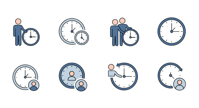 Set of minimalistic icons depicting users interacting with clocks, symbolizing time management, scheduling, and punctuality. These vector cartoon illustrations are perfect for apps, graphic design