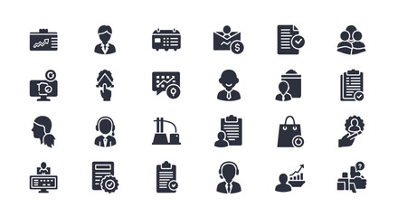 A comprehensive collection of vector solid icons representing essential business and commerce concepts, including marketing strategies, business processes, learning modules, shopping cart
