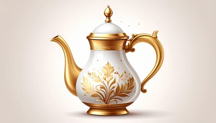An elegant white teapot adorned with intricate golden floral patterns and accents.