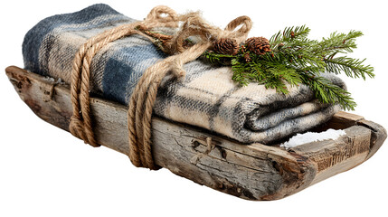 Rustic wooden sled decorated with plaid blanket and pine branches tied with jute rope isolated on white background
