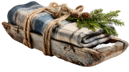 Rustic wooden sled decorated with plaid blanket and pine branches tied with jute rope isolated on white background