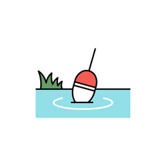 Fishing bobber floating on water surface, indicating a catch in a serene pond setting