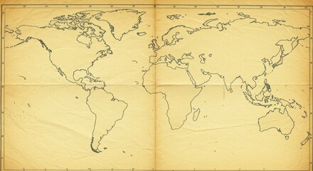 Fototapeta premium Vintage World Map: Folded, Aged Paper Texture, Outline Continents