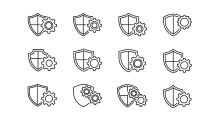 Minimalistic linear pictogram of a running gear or cogwheel positioned near a shield, symbolizing protection, security, or a secure system, suitable for web and graphic design, apps, banners, social