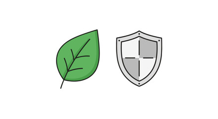 Vivid minimalistic linear sign featuring a green leaf next to a shield, symbolizing nature protection, eco-friendly practices, and security. Ideal for web design, app icons, banners, social media