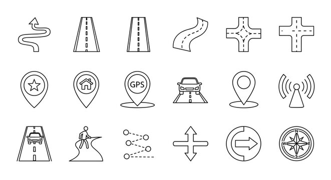 Collection of diverse outline icons representing navigation and travel elements, including a route map pin, a compass, and various cross symbols, perfect for web design, app interfaces, advertising