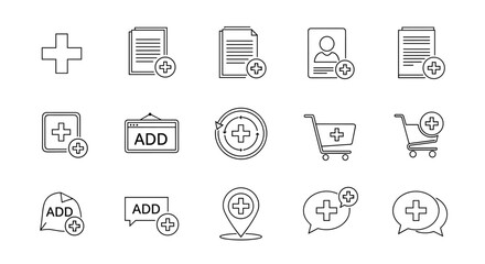Collection of outline icons symbolizing addition and new items, featuring plus signs, document additions, profile additions, shopping carts, location pins, and chat bubbles, perfect for web, apps