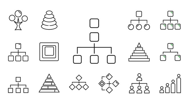 Vector line icon set representing various hierarchy structures, organizational charts, pyramids, and growth diagrams, presented on a clean white background for versatile business and project - Powered by Adobe