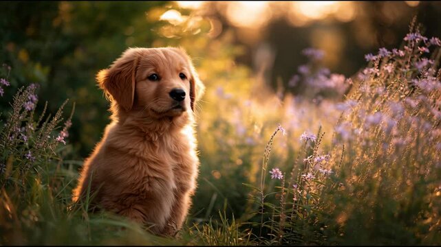 Cute Golden Retriever Puppy Sits Peacefully in a Meadow at Sunset, Surrounded by Wildflowers and Warm Bokeh Light