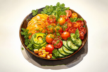fresh vegetable salad with tomato avocado in bowl vector illustration for healthy food and diet meal concept