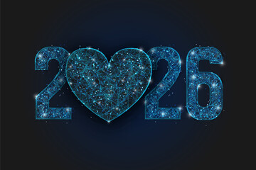 Abstract isolated blue image of new year number 2026. Polygonal low poly wireframe illustration looks like stars in the black night sky in space or flying glass shards. Digital web, internet design.