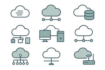 Obraz premium Cloud computing icons set featuring line art illustrations of network and technology concepts