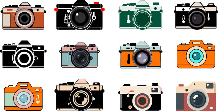 Cartoon camera illustration, camera icon clipart vector on transparent background, Classic Camera Silhouette Set Clipart