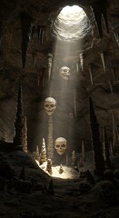 Dramatic cave interior with skulls illuminated by overhead light