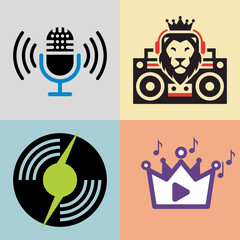 Modern vector icons set for audio broadcasting, music streaming, and DJ branding concept.