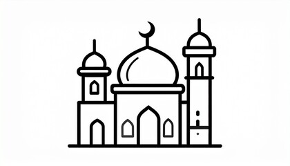 A minimalist line art illustration of a mosque with a dome and minarets.