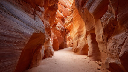 切り立つ渓谷の赤岩が眩しい陽光に照らされる