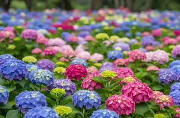 Colorful flowers bloom in the flower garden. Selective focus. AI generated