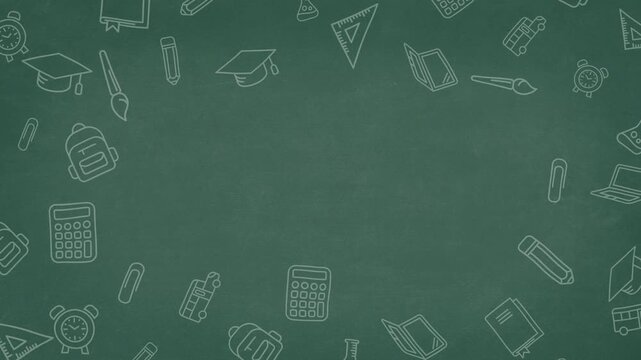 back to school pattern animation with white school supplies icons on chalk board.