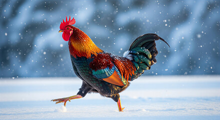 Rooster walking in snow, a colorful symbol of the New Year for holiday greeting card design