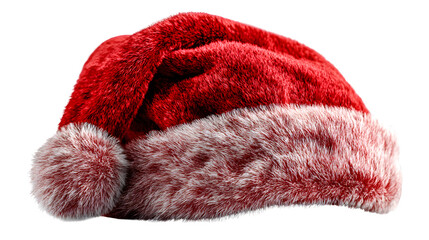 Santa hat lying sideways with soft shadows and smooth fur texture for realistic holiday composition isolated on white background