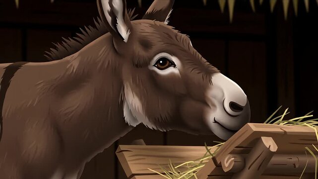 Close-up of a gentle cartoon donkey with big eyes standing near a wooden manger filled with hay in a cozy stable ideal for animations stories and childrens