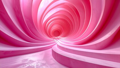 Abstract pink pleated forms create a radial, inward-curving, three-dimensional design