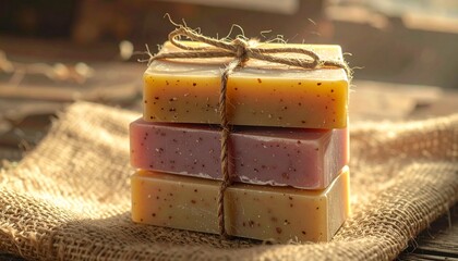 Stack of three artisan soaps, tied with twine, resting on burlap