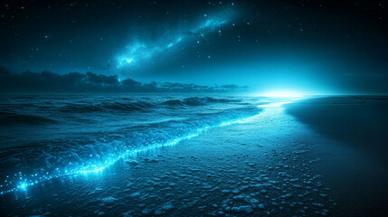 Bioluminescent tide glowing along the shoreline with neon aqua to deep night blue gradient creating a magical realistic scene symbolizing nature wonder ocean beauty and ethereal coastal light