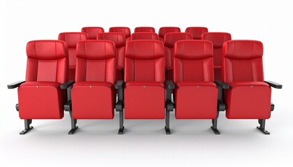 Ten red theater seats in a row against a white background