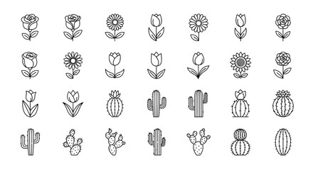Modern Line Icon Pack Featuring a Collection of Stylized Flowers and Cactuses, Perfect for Web Design, Apps, and Greeting Cards. This Vector Set Includes Linear Illustrations of Plants with Delicate