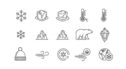 Global Cooling Minimalistic Thin Outline Icon Set for Web and Graphic Design, Apps, Banners, Social Network and Cards, Vector Cartoon Illustration with a Polar Bear, Snowflakes, Ice Cubes