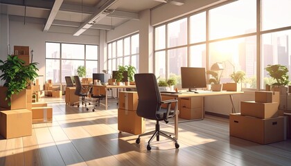 Sunlit office space with moving boxes and furniture