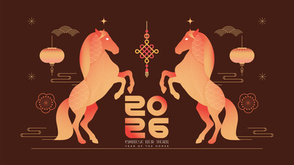 Elegant illustration of two rearing horses with Chinese lanterns and ornaments surrounding bold “2026” typography, celebrating the Chinese New Year or Year of the Horse festive design. © hasan