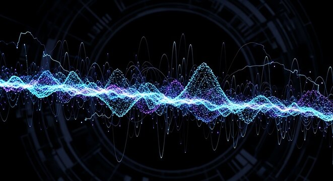 Abstract Blue Waveform Sound Visualization with Digital Elements.