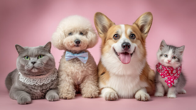 可愛い子猫と子犬が並ぶ小物付きピンク背景写真 - Powered by Adobe