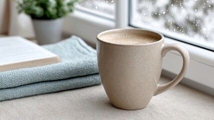 Warm coffee mug and open book near window with falling snow, cozy winter morning at home, soft light and hygge lifestyle mood