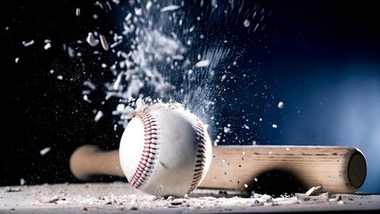 A baseball being hit by a bat with debris flying off of it on a dark background with a wooden bat