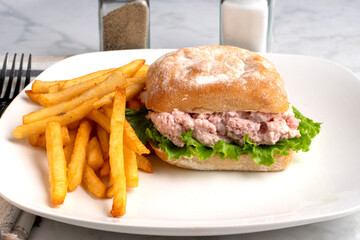spam salad  sandwich  with french fries