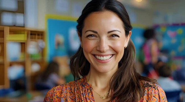 Portrait of a happy female teacher smiling in her elementary classroom