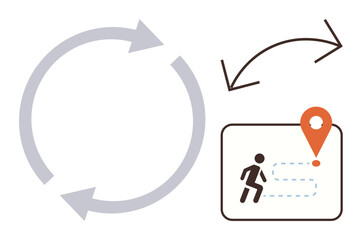 Circular arrows representing repetition, a map icon with a marker and person symbolizing goal-setting and progress. Ideal for workflow, process optimization, efficiency, iteration, navigation