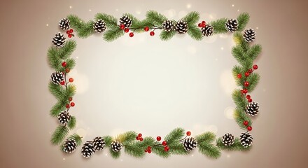 Festive Christmas holiday frame made of pine branches, pinecones, and red berries on a warm, glowing background.