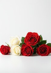 Obraz premium Elegant arrangement of fresh white and vibrant red rose blossoms isolated against a bright, stark white studio background ,natural ,studio ,red