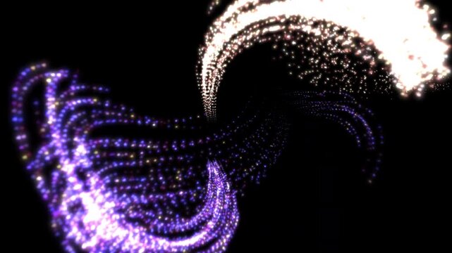 Abstract glowing particle swirl with purple and white light trails on black background Animation 
