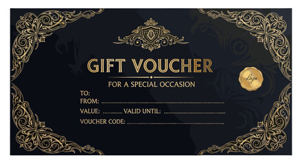 Elegant Ornamental Dark Gift Voucher Template for Special Occasion with Golden Flourishes and Decorative Border, Perfect for Premium Gifts and Exclusive Offers, Featuring a Wax Seal Emblem and Space