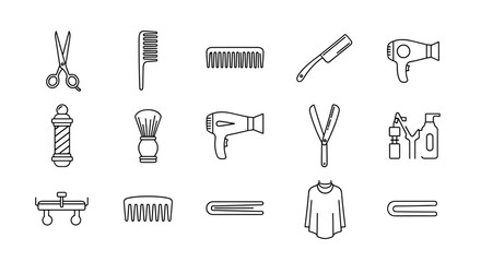 Fototapeta premium A collection of thin line icons representing haircuts and hair salon services, including scissors, combs, and other styling tools, presented in a clean, modern outline style suitable for graphic