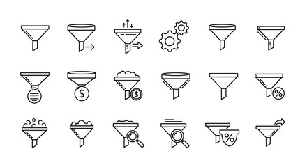 A collection of funnel icons in outline and line art style, perfect for graphic design, web design, app interfaces, advertisements, and various card designs. This vector cartoon illustration features